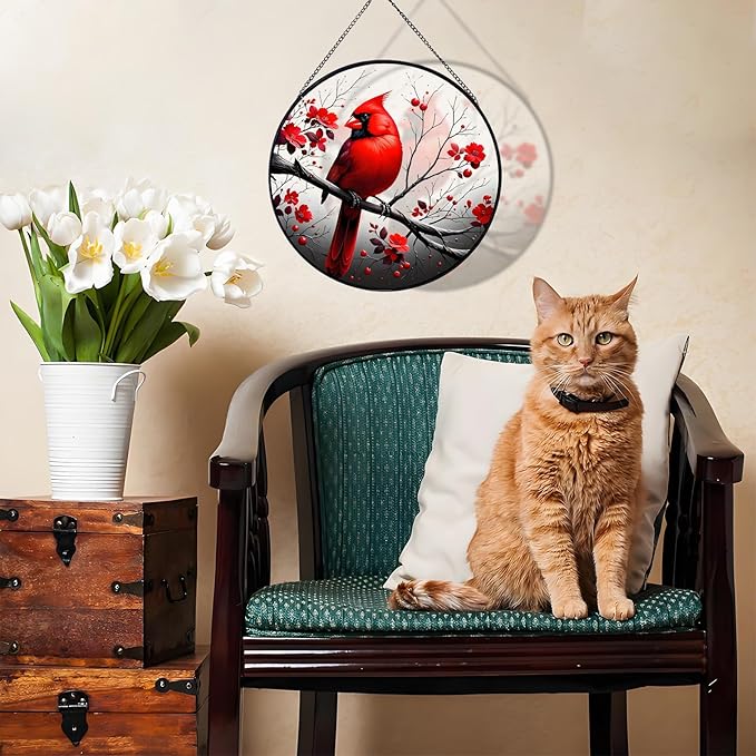 RIVEENY Cardinal Stained Glass Window Hanging,Cardinal Stained Glass Suncatcher,8" Window Suncatcher Hanging Ornaments Wall Art, Hand-Painted Glass Panel Home Decor for Mom Grandma