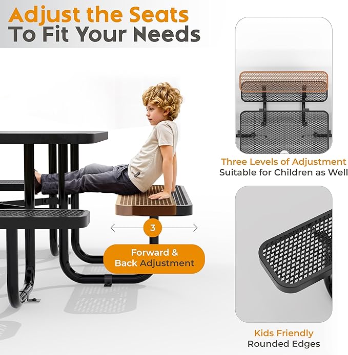 Metal Picnic Tables for Outdoors with Umbrella Hole - Coated Steel Heavy Duty Commercial Grade Table with Adjustable Seats (Black, 46 in, Square, Expanded Steel)