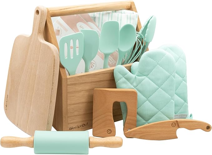 WeeSprout Little Chef Kids Cooking & Baking Set, 14 Piece Cooking Set with Real Kitchen Tools & Kids Apron, Baking Gift for Girls, Boys & Junior Chefs, Food Grade Materials, Choice of Colors