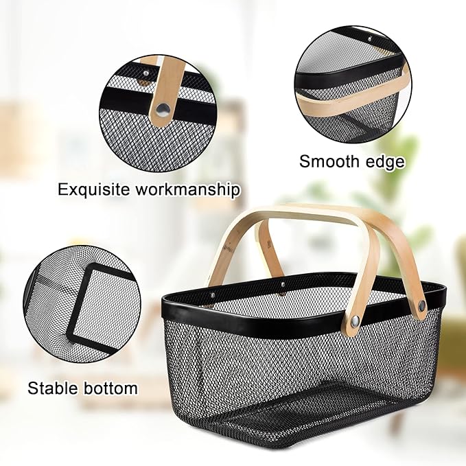 Portable Garden Harvest Basket-Mesh Design Natural Bamboo Handle Wire Storage Baskets,Mesh Basket with Handle Organize Items Reduce Space Occupation,Suitable for Kitchen,Garden,Picnic(Black)