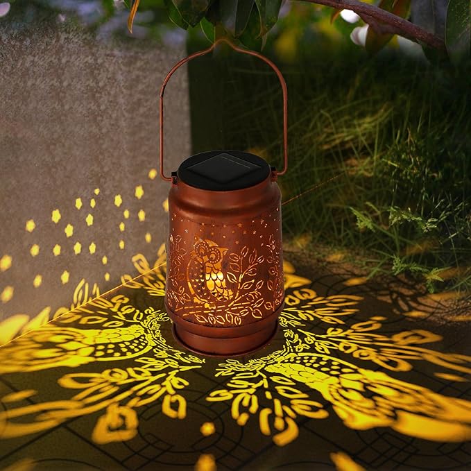 Solar Lanterns Outdoor Waterproof - Metal Hanging Solar Lights for Patio Yard Garden Decor, Christmas Birthday Gifts for Women Mom Men (2 Pack, Owl Shape)