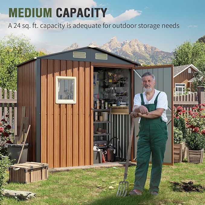 Outdoor Storage Shed 6x4 Ft, Lockable Metal Garden Shed with Window, Tool Shed Tiny House Vertical Outside Storage Building for Backyard, Lawn, Patio, Bike