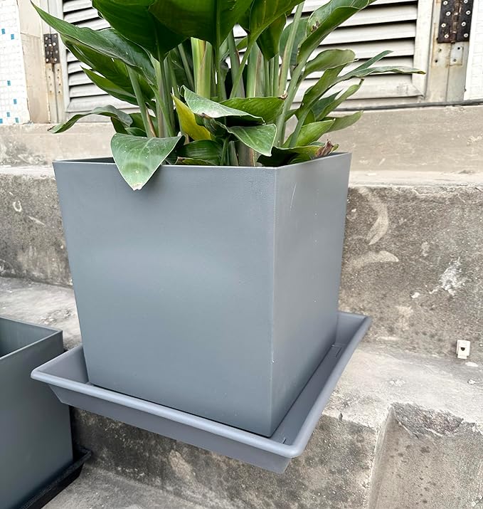Square Plant Saucer 14 Inch 5 Pack，Plant Stand Plant Trays for Pots Heavy Duty Gray Plastic Plant Saucers for Indoors Outdoors, Flower Pot No Holes Plant Lover Gardening Gifts