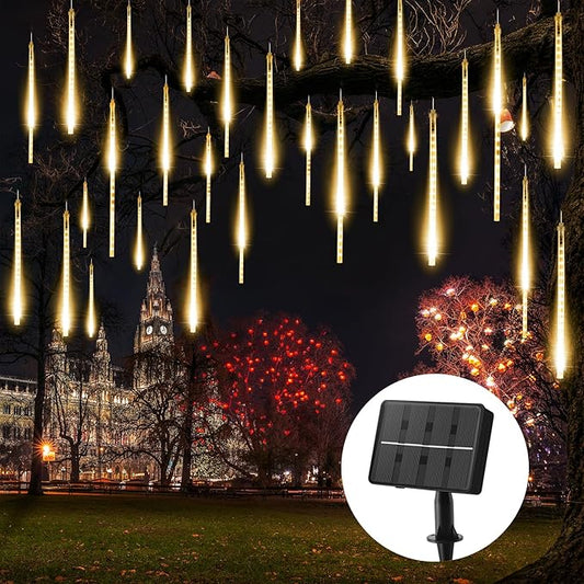 Solar Meteor Shower Lights Outdoor - 576 LED Rain Drop Lights with 16 Tubes, 16 Inches - Solar Powered Christmas Decorations for Tree Bushes Holiday Party Christmas Decor, Warm White