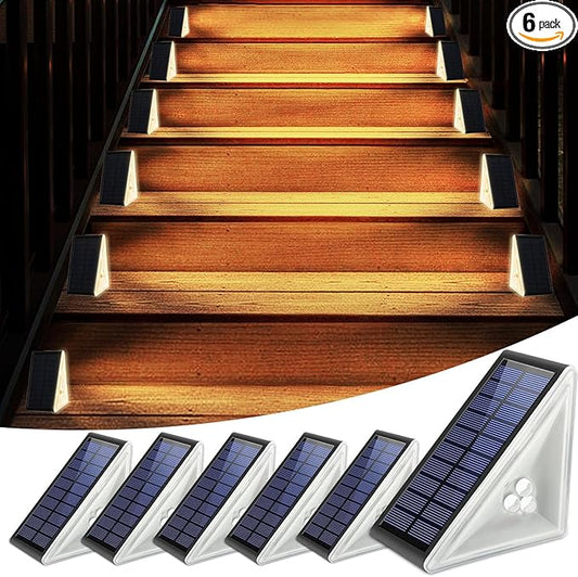 Solar Step Lights Outdoor Waterproof IP67, 6 Pack Solar Powered Stair Light with 3 LEDs, Triangle Solar Deck Light for Outside Garden Patio Yard Front Door, Warm White