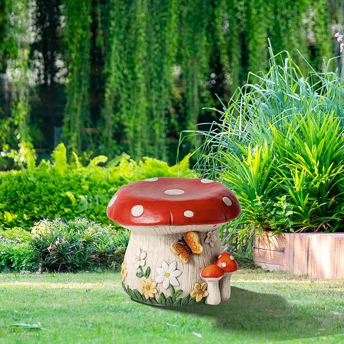 14''W Mushroom House Statue Outdoor Statues Garden Resin Stool Over-Sized Sculpture Forest Pedestal Spring Decor for Home Courtyard Lawn Patio Summer Ornament Indoor Stool