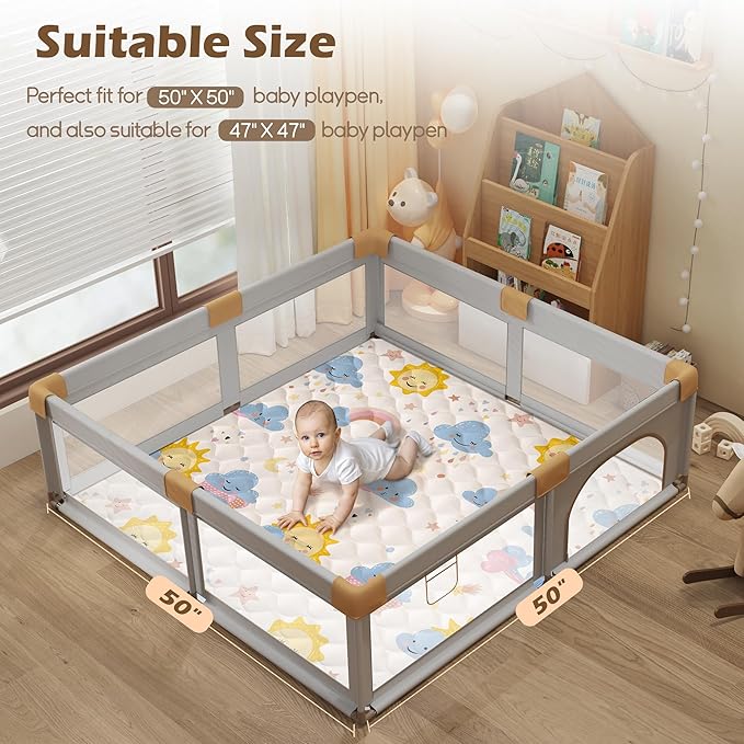 50x50 Playpen Mat, PIGLOG 0.8 Inch Thick Foam Baby Play Mat for Floor, Soft Fabric Cushioned Play mat for Babies，Washable Non-Slip Playmate for Baby, Infants & Toddlers（Grayish White）