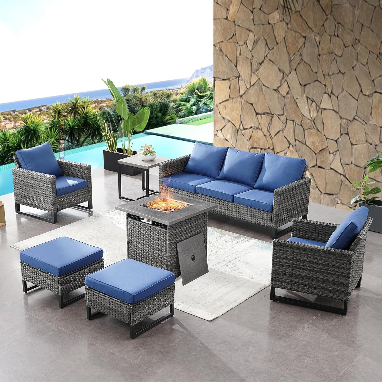 HUMMUH 7 Piece Patio Furniture with Fire Pit 30in 55,000 BTU,PE Wicker Outdoor Conversation Sets - Couch,Patio Chairs and Ottomans,Side Table for Porch,Garden,Backyard