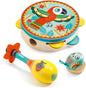 DJECO Animambo Tambourine, Maraca, Castanet Music Instrument Set - Cute Parrot, Fish & Owl Design Toddler Educational Musical Toy for Creativity & Rythym - Toys for 3+ Years Girls & Boys