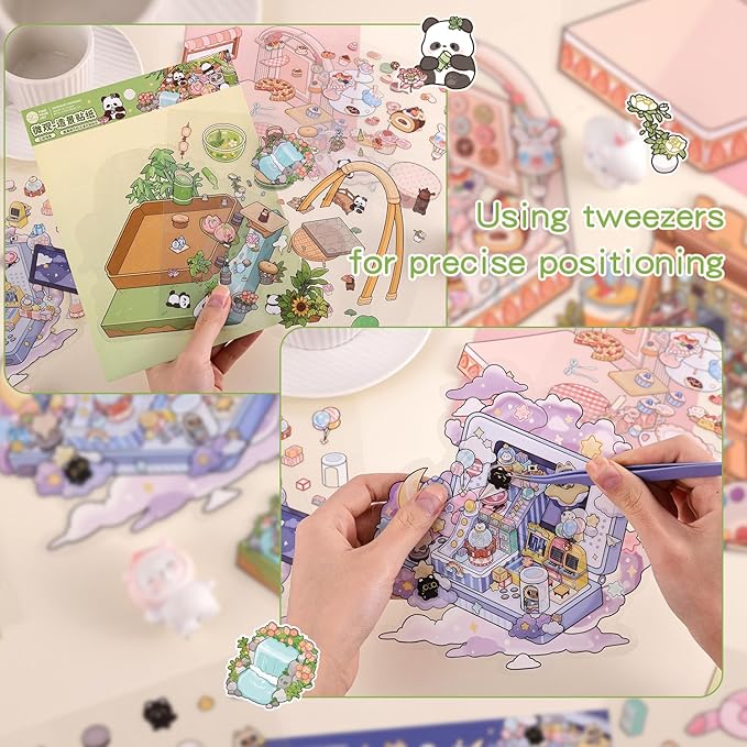 Girls 3D Miniature Scene Stickers, 4 Sets Storage Box DIY House Stickers for Dessert House,Tea Room,Painting Studio,Game Park,Cute 3D Cartoon Sticker Scenes for Adult Kids Relief Stress Pass The Time
