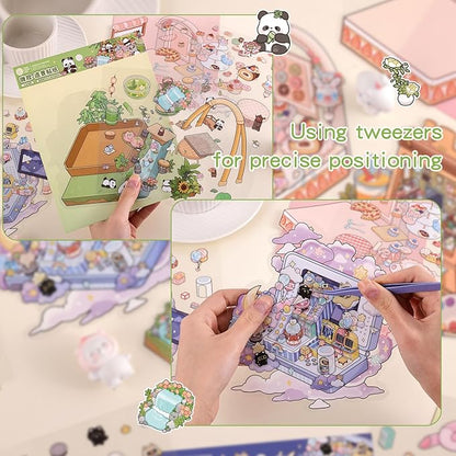Girls 3D Miniature Scene Stickers, 4 Sets Storage Box DIY House Stickers for Dessert House,Tea Room,Painting Studio,Game Park,Cute 3D Cartoon Sticker Scenes for Adult Kids Relief Stress Pass The Time