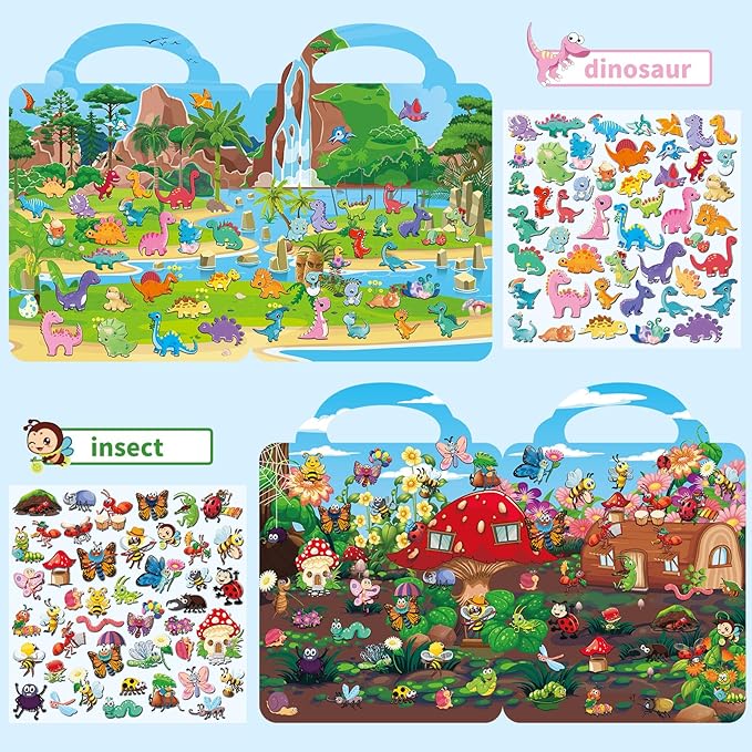 6 Set Reusable Sticker Books for Toddlers 3-5, Kids 3D Puffy Stickers (Dinosaurs, Forest, Town, Pets, Construction, Insects), Sticker Activity Books