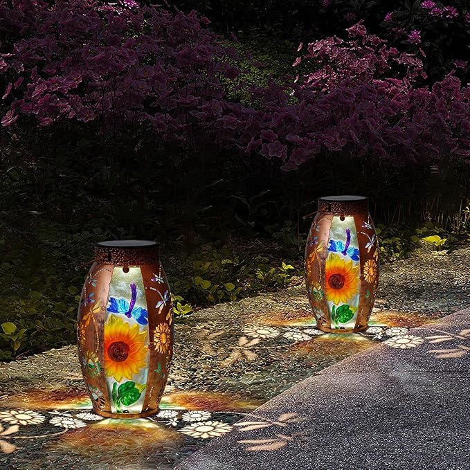 Solar Lanterns Outdoor Hanging Light - Sunflower Dragonfly Solar Powered LED Glass Lights Decorative Waterproof Tabletop Lamp with Hollowed-Out Design for Yard Table Patio Garden Pathway Holiday