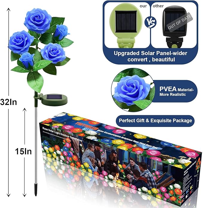 Solar Flower Lights Outdoor - Upgraded New Material Two Modes Realistic LED Solar Powered Waterproof Lights with 5 Roses, Solar Decorative Stake Lights for Garden (Multicolor, 4 Pack)
