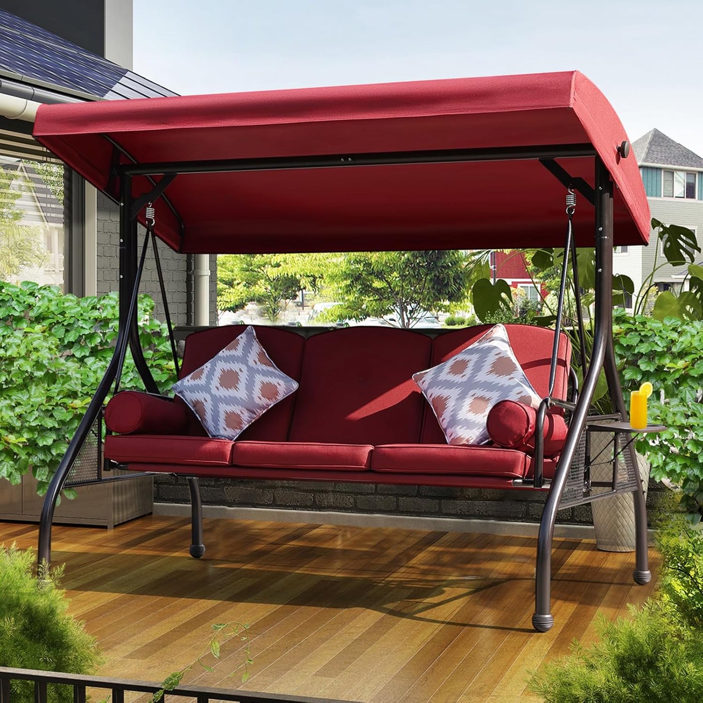 NOBLEMOOD Patio Porch Swing, 3-Seat Outdoor Swing with Adjustable Canopy, Waterproof Fabric Cushion, Pillow and Foldable Side Tray for Patio, Backyard, Porch Swing Bed for Spring