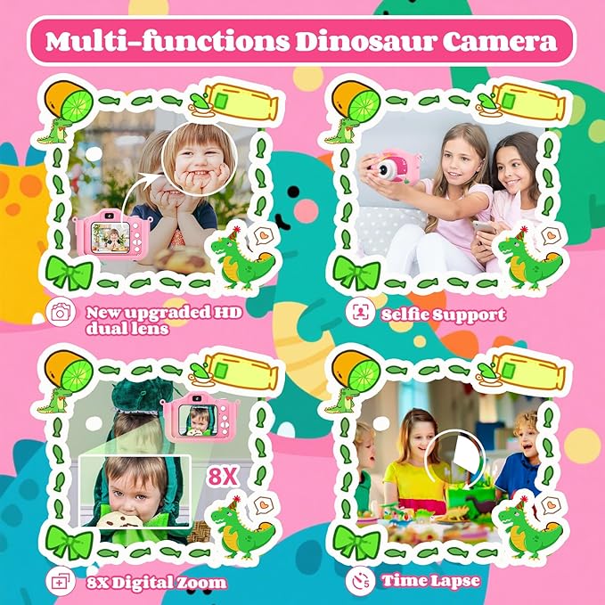 Kids Camera Toys for 3-8 Year Old Girls, 48MP Dual Lens 1080P Toddler Camera for Kids with 64GB SD Card, Kids Digital Video Camcorder Selfie Cameras Christmas Birthday Gifts