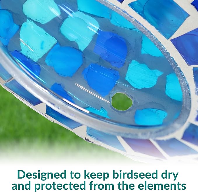 Sunnydaze 6-Inch Glass Mosaic Hanging Bird Feeder for Outdoors - Fly-Through Wild Bird Feeder - Blue Mosaic