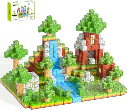 Magnetic Blocks - 157PCS Magnetic Building Blocks Set, 1 Inch Magnet Cubes Build Mine Forest World Stacking Toy for Kids, STEM Sensory Construction Toys, Christmas Birthday Gifts for Boys Girls Age 3+