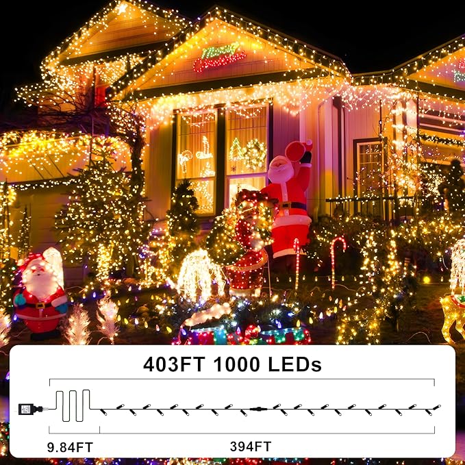 KNONEW 403FT 1000 LED Christmas Lights Outdoor String Lights 8 Modes & Timer Fairy Light Plug in Waterproof LED String Lights for Xmas Yard Tree Wedding Party Holiday Decorations (Warm White)