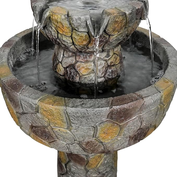 SunJet 25.7” High x 15.3” Diameter Concrete Bird Bath with Faux Stone Finish - Outdoor Water Fountain with Electric Pump - Birdbath for Garden, Patio, Yard, Lawn Décor