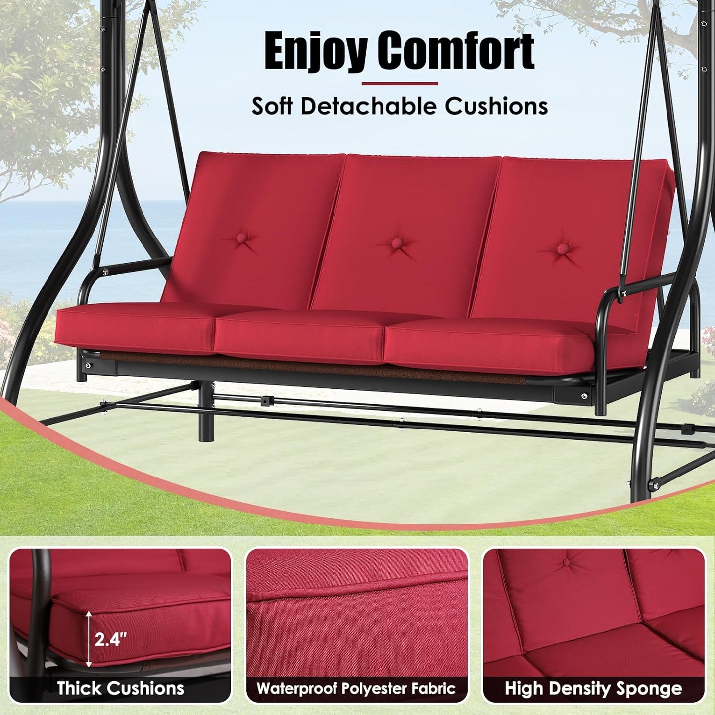 MAMIZO 3-Seat Outdoor Patio Swing, Porch Swings, Backrest Bench Sets, Glider Swing Bed Chair W/Adjustable Canopy, Thickened Removable Cushions, for Outside Backyard, Garden, 750LBS(Burgundy)