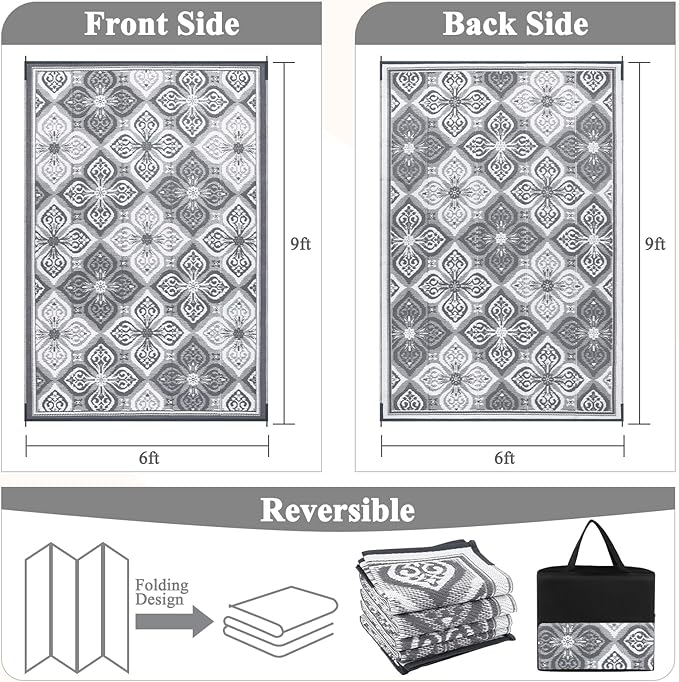 Pauwer Reversible Outdoor Rug, 6'x9', Waterproof, Polypropylene, Clover Grey, Area Rug for Patio, RV, Camping, Picnic, Backyard, Deck, Balcony, Porch