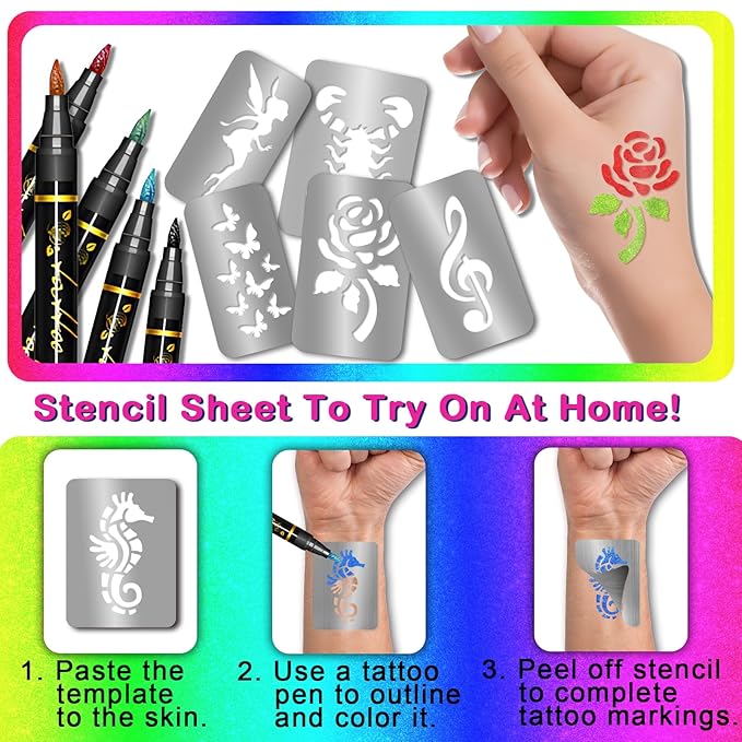 Yazhiji 390 PCS Temporary Tattoo Stencils, Face and Body Paint Stencils Kit, Girl Boy Glitter Tattoos Stencils Pack for Kids School Show Birthdays Halloween Christmas Party Favor Supplies