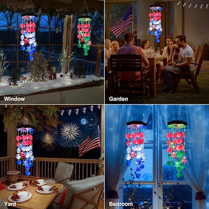 Solar Wind Chimes for Outside, Red & White & Blue Shell Gifts for Mom Grandma Women, Waterproof Solar Outdoor Decorative Mobile Lights for Garden, Yard, Patio, Window, Party, Outdoor Decorations
