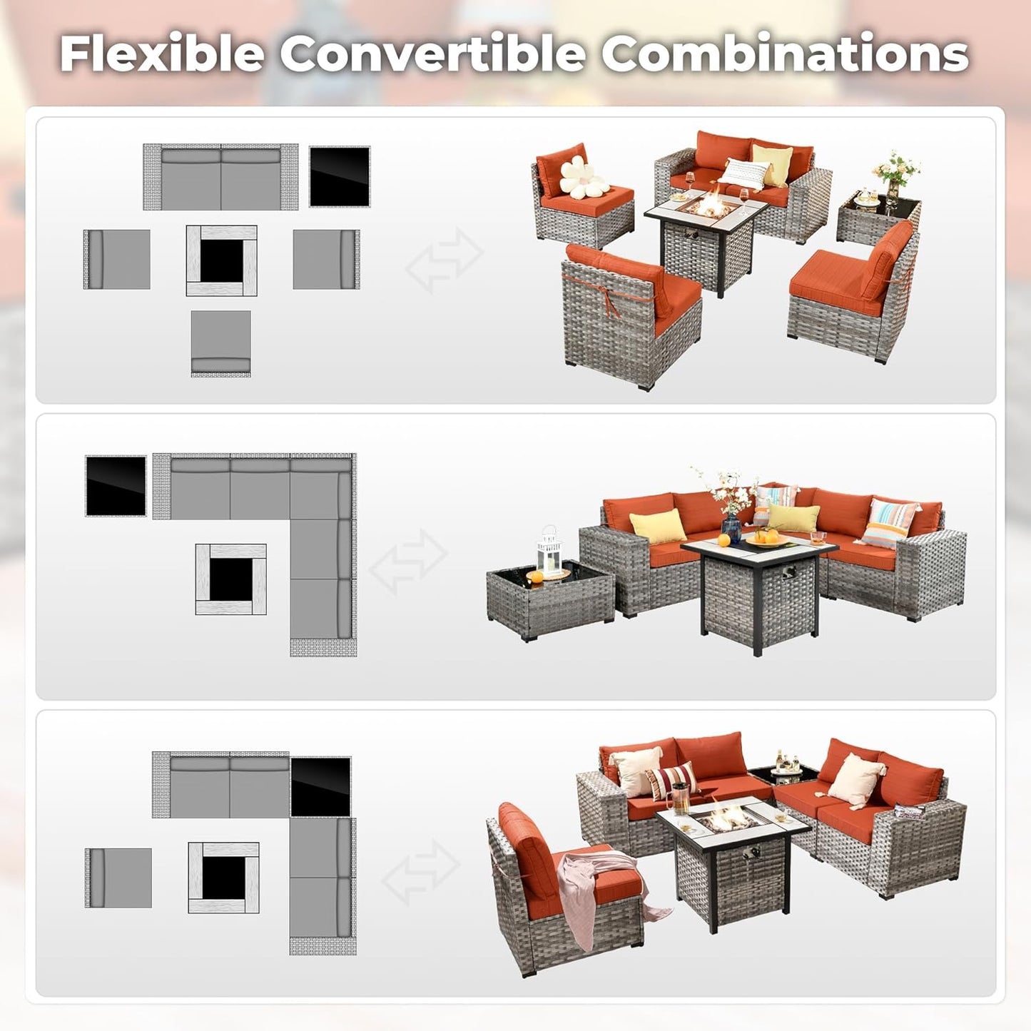 ovios 7 Pieces Patio Furniture Set, Outdoor Wicker Sectional Sofa with 30 Inch Fire Pit Table Comfy Cushions, Modern Modular Deep Seat Rattan Couch Conversation Set, Orange Red