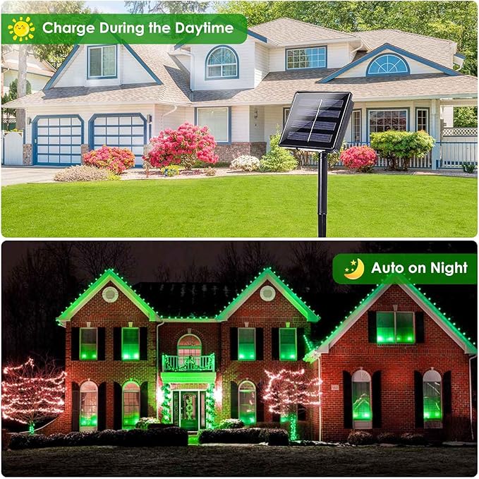 EEW 2 Pack 200 LED Solar Christmas Lights Outdoor Waterproof, Solar String Lights for Outside, Green Wire Solar Tree Light with 8 Lighting Modes for Xmas Wedding Party Garden Yard Decorations (Green)