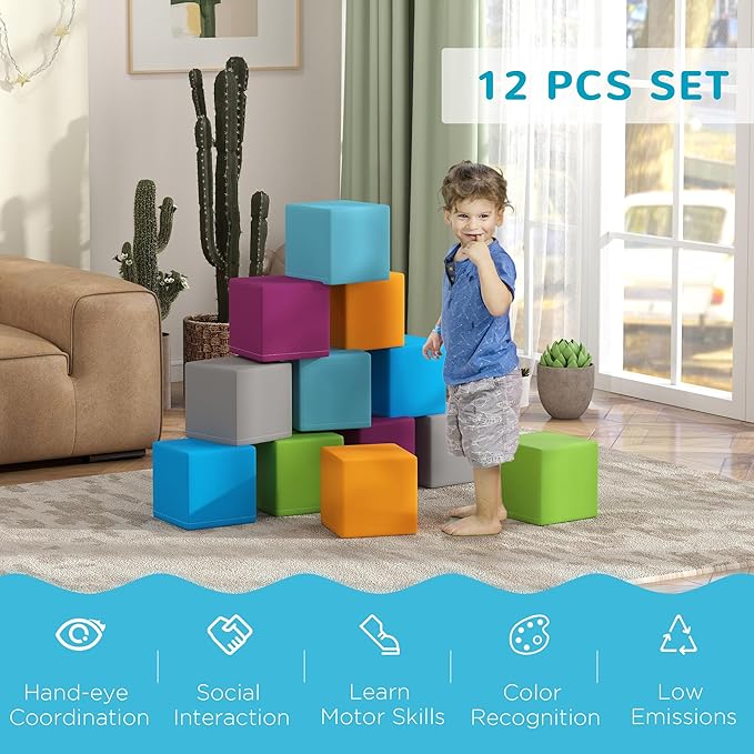 Soozier 12 Piece Soft Play Blocks Soft Foam Toy Building and Stacking Blocks Compliant Learning Toys for Toddler Baby Kids Preschool, Contemporary