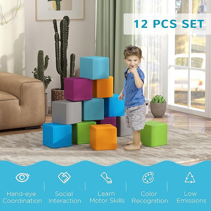 Soozier 12 Piece Soft Play Blocks Soft Foam Toy Building and Stacking Blocks Compliant Learning Toys for Toddler Baby Kids Preschool, Contemporary