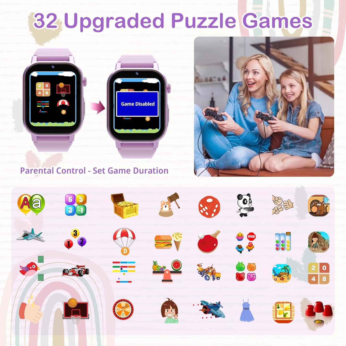 Kids Smart Watches Girls Gift for Age 5-12, Watch for Kids with 32 Games HD Touch Screen Video Camera Pedometer Music Player Flashlight 12/24 hr Toys for 5 6 7 8 9 Year Old Girl Birthday Gift