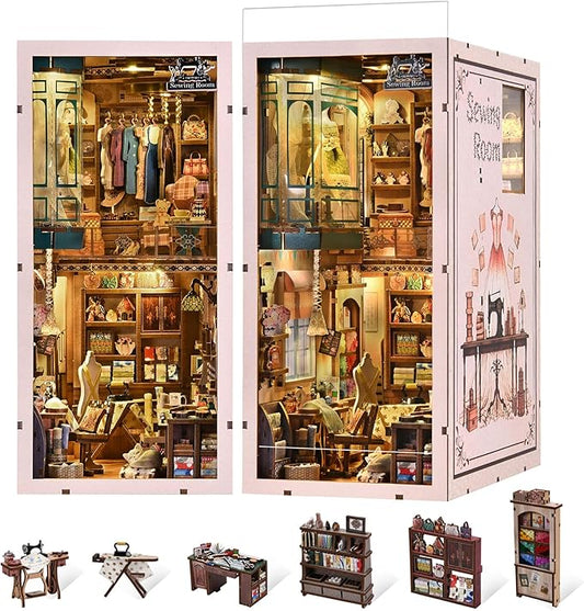 Book Nook Kit - DIY Miniature House Dollhouse Kit for Adults and Teens, Booknook Tiny House Bookshelf Decor 3D Wooden Puzzle, Gifts for Family Friends (Sewing Room)
