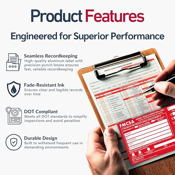 5 Pack Buck Aluminum Annual Vehicle Inspection Label with Punch Boxes, 2 Mil Red FMCSA Self Adhesive Sticker, DOT Compliant, Weatherproof, Tear Resistant, Easy to Write On, 6" x 3.5" - Made in USA
