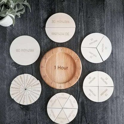 Wooden Time Fraction Learning Clock, Cognitive Education Puzzle Toys for Children Learning to Tell Time Set Up for an Hour (Wood)