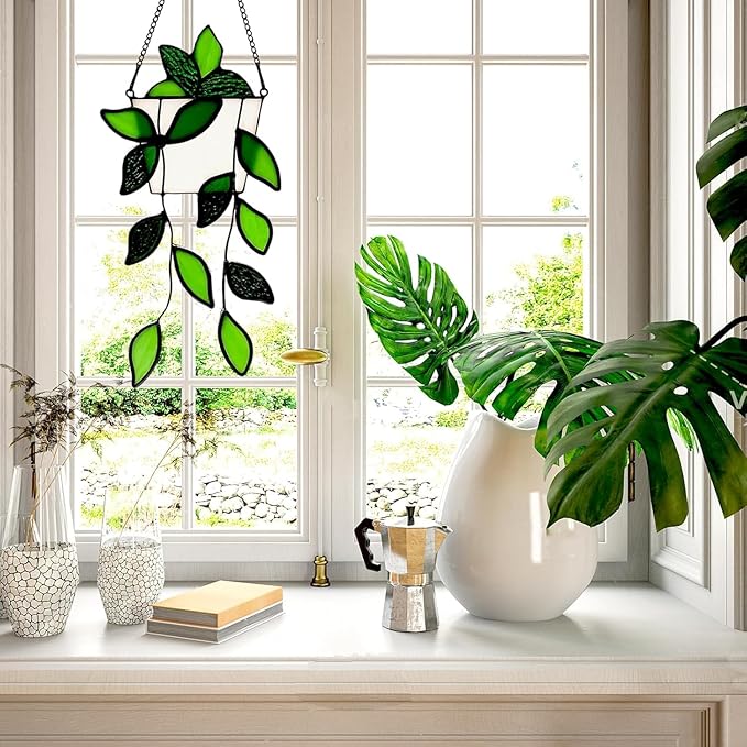 Stained Glass Window Hanging Green Plant Window Suncatcher Handcrafted Green Faux Plant Window Wall Glass Panel Decor for Plant Lovers,Unique Home Indoor&Outdoor Decor