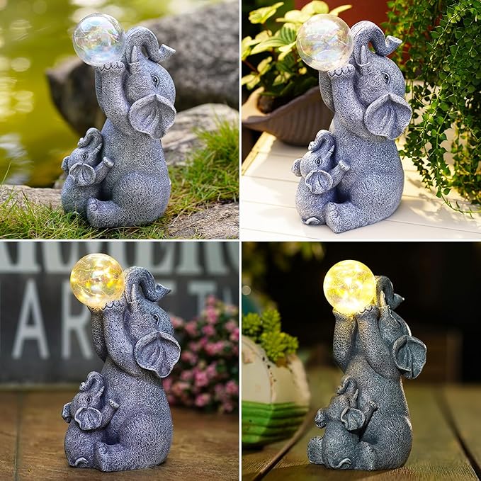 Goodeco Solar Elephant Statue - Outdoor Decor with LED Lights - Grey Resin - Ideal Gift for Elephant Lovers & Garden Enthusiasts