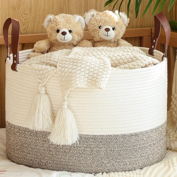 KAKAMAY Large Blanket Basket (20"x13"),Woven Baskets for storage Baby Laundry Hamper,Cotton Rope Blanket Basket for Living Room, Laundry, Nursery, Pillows, Baby Toy chest (White/Beige)