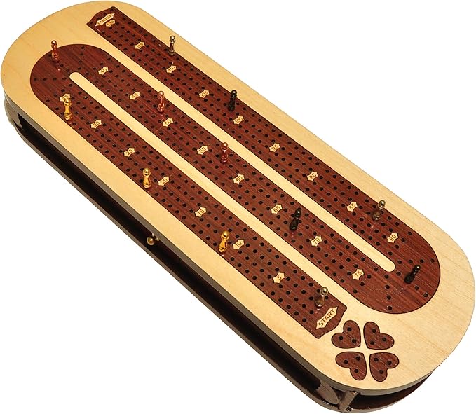 PALM ROYAL HANDICRAFTS 4 Track Wooden Cribbage Board Set Inlaid in Rose Wood and Maple Wood with pegs and Cards. Storage Available. 4 Player Cribbage Board (15 x 5 Inches)