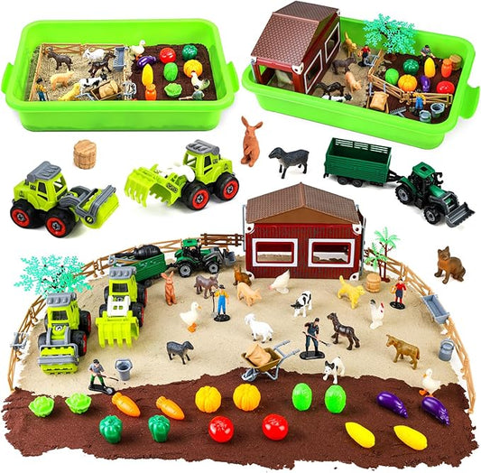 69 PCS Farm Sensory Bin Toys Playset, Sandboxes with Sand, Farmer Tractor & Farm Animals Figures Toys for Kids 3 4 5, Gifts for 6 7 Years Old Boys Girls Toddlers