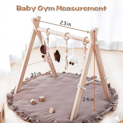 Razee Wooden Baby Play Gym Play Mat, Foldable Baby Gym with 6 Hanging Sensory Toys for Newborn Shower Gift