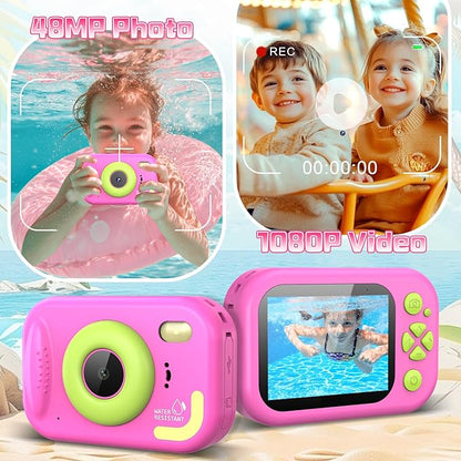 Kids Camera Waterproof, IP68 Underwater Camera for Kids Aged 3-12, HD Kids Digital Camera with 1080P Video Recording, Durable ABS Material, Pool Toys for Boys Girls with 32GB Card (Pink)