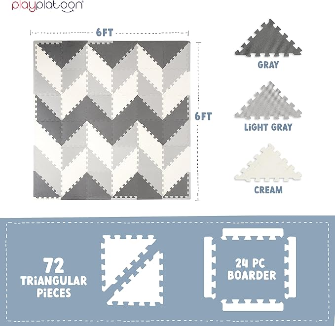 Play Platoon Non-Toxic Extra-Thick 96 Piece Triangle Play Mat - Comfortable 6x6ft Cushiony Foam Floor Puzzle Exercise Mat for Kids & Toddlers - Gray & Cream