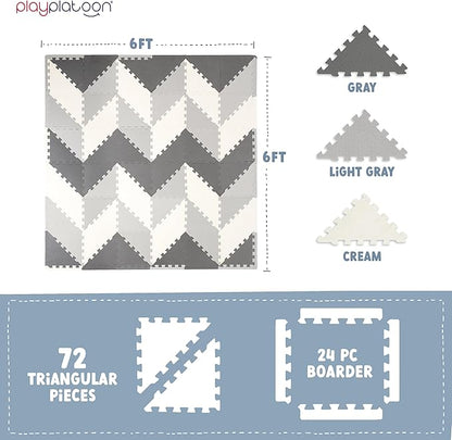 Play Platoon Non-Toxic Extra-Thick 96 Piece Triangle Play Mat - Comfortable 6x6ft Cushiony Foam Floor Puzzle Exercise Mat for Kids & Toddlers - Gray & Cream