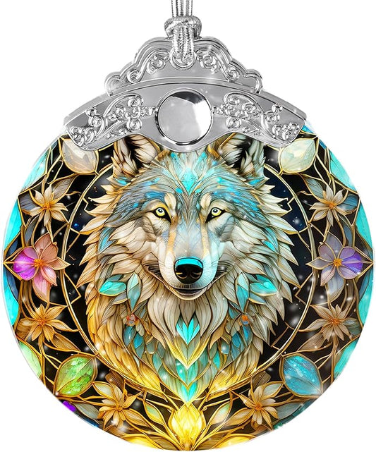 Stained Glass Suncatcher Hanging Ornament, Wolf Decor for Home, Christmas Ornament