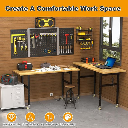 60"x24" Adjustable Workbench with Wheels, Solid Wood Top Work Bench, 2000 LBS Heavy-Duty Worktable with Power Outlets, Portable Work Station for Repair Shop, Workshop, Office