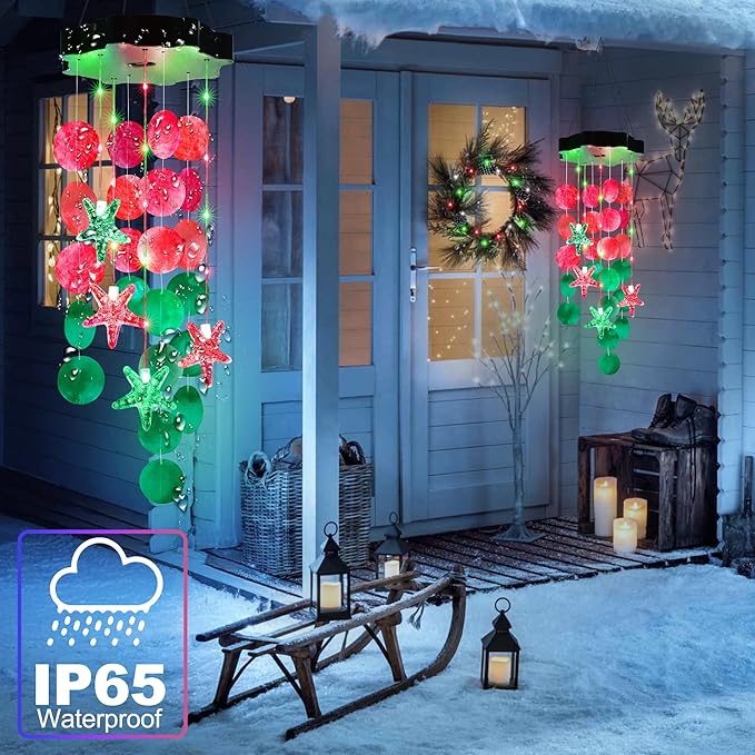 Solar Wind Chimes for Outside, Red & Green Shell Gifts for Mom Grandma Women, Waterproof Solar Outdoor Decorative Mobile Lights for Garden, Yard, Patio, Window, Party, Outdoor Decorations