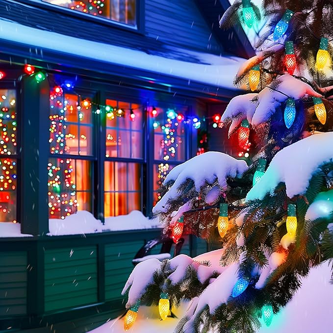 C9 Christmas Pathway Lights Outdoor, 25.7 Feet 20 LED C9 Strawberry Walkway Lights with Marker Stakes, Connectable Shatterproof C9 String Lights for Lane Outside Yard Decorations, Multicolored