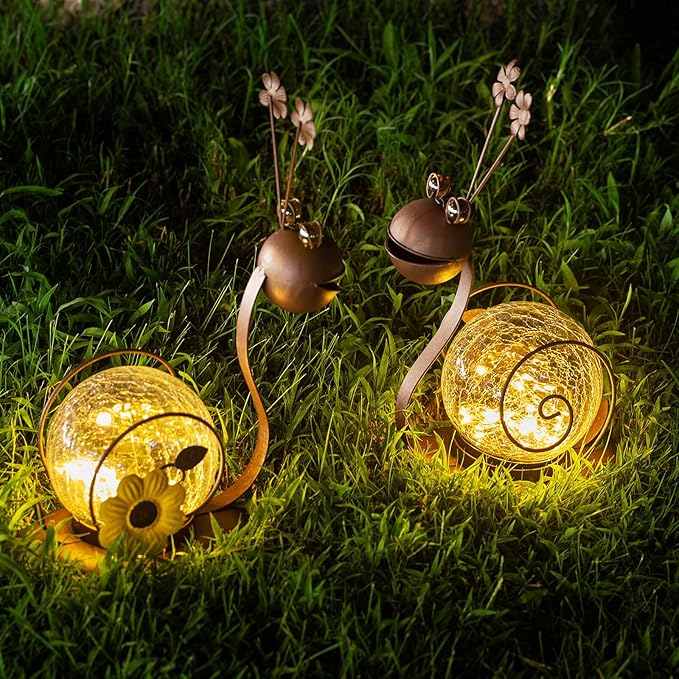Solar Snail Garden Lights - 2 Pack Cracked Glass, Warm White Metal, Waterproof for Patio Yard Lawn